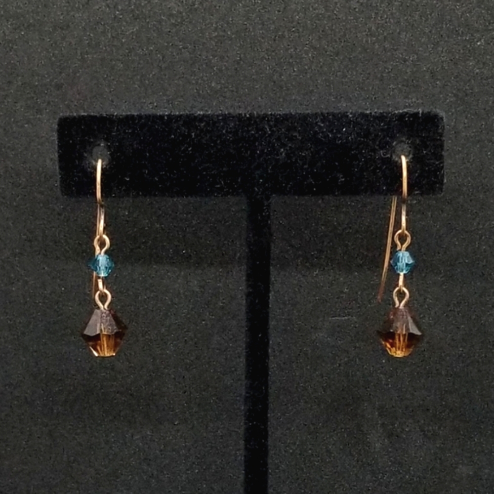 Copper amber & blue crystal earrings